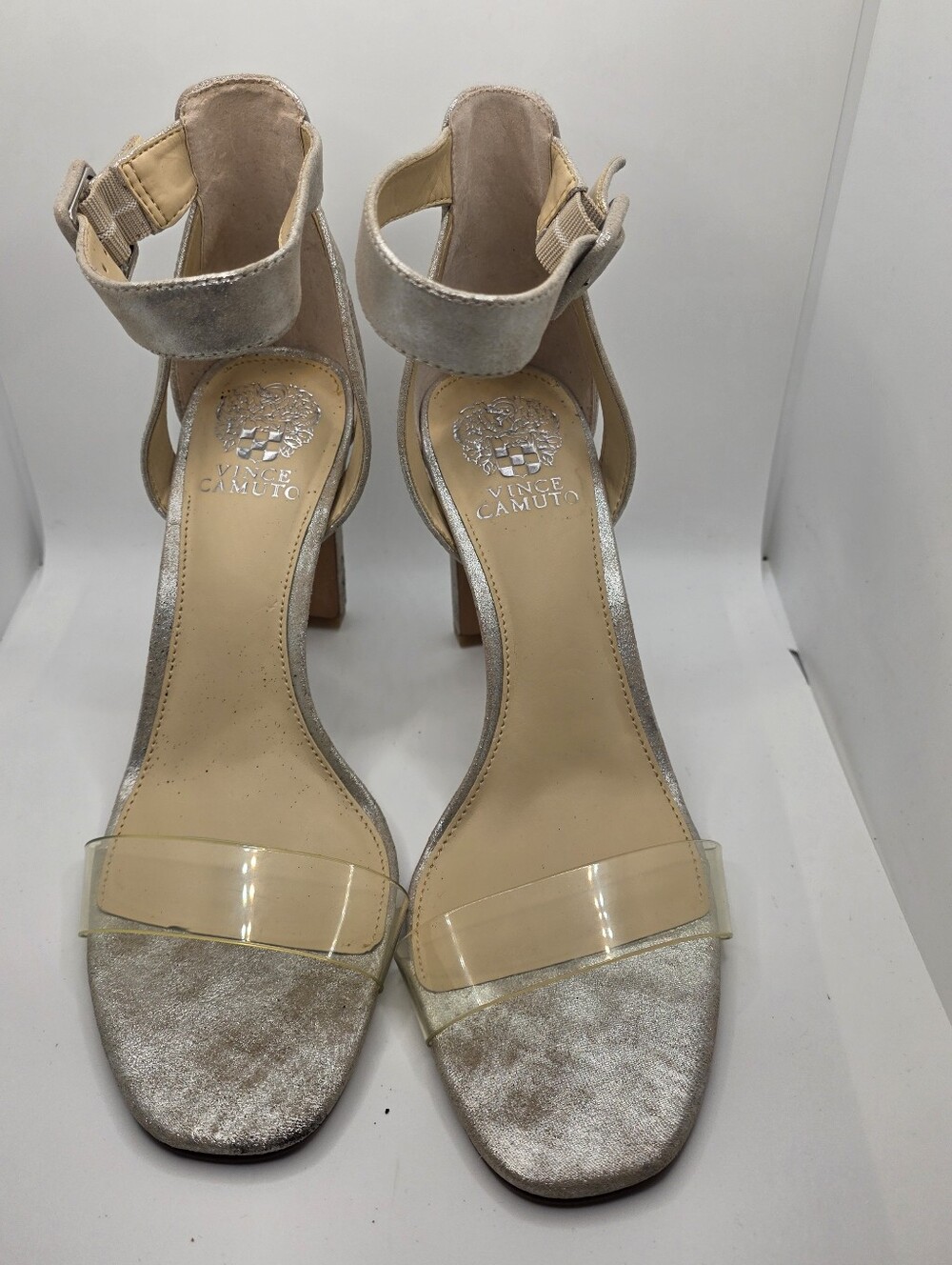 Vince Camuto Metallic Silver Block Heel Sandals with Clear Toe Strap